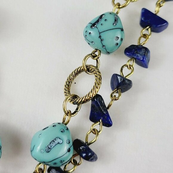 Bohemian Gypsy Style Necklace Double Strand Gold Tone Large Enamel Flower Focal - Picture 5 of 11